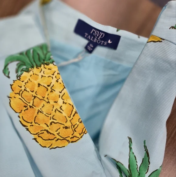 Talbots Pineapple Print Pleated Skirt Fit & Flare Teal Yellow Tropical size 12P - Picture 7 of 9